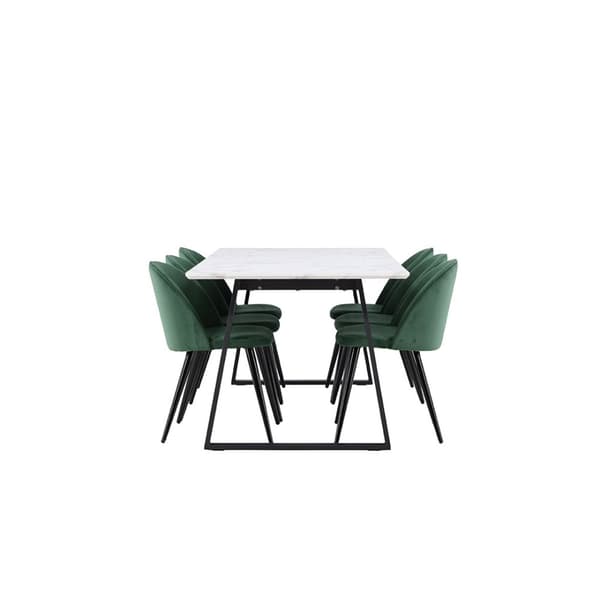 Malaga spisegrupper spisebord  90x200cm hvit og 6 Skagen stol velour grønn.