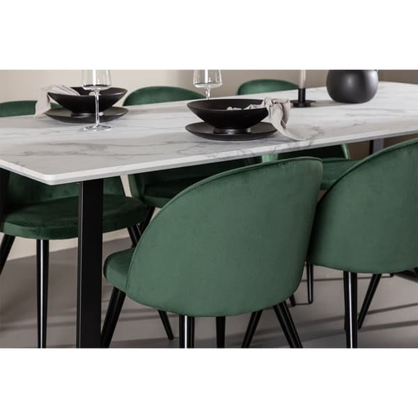 Malaga spisegrupper spisebord  90x200cm hvit og 6 Skagen stol velour grønn.