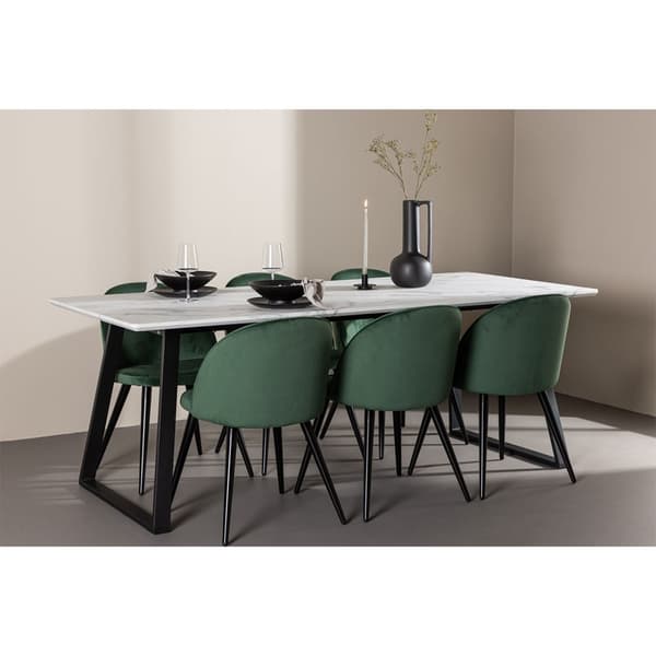Malaga spisegrupper spisebord  90x200cm hvit og 6 Skagen stol velour grønn.