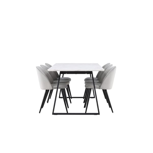 Malaga spisegrupper spisebord  90x200cm hvit og 6 Skagen stol velour grå.