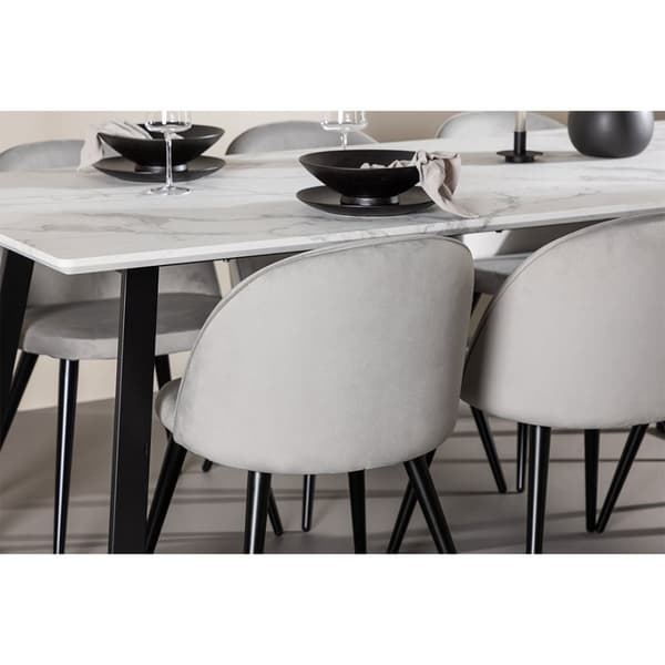 Malaga spisegrupper spisebord  90x200cm hvit og 6 Skagen stol velour grå.