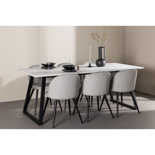 Malaga spisegrupper spisebord  90x200cm hvit og 6 Skagen stol velour grå.