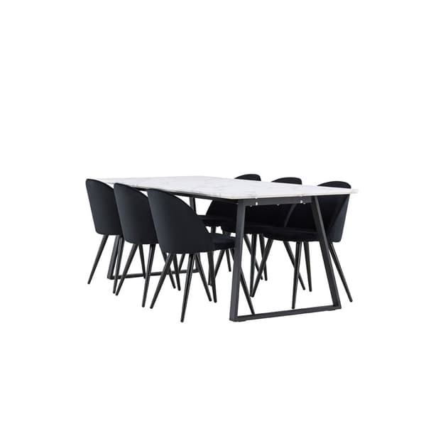 Malaga spisegrupper spisebord  90x200cm hvit og 6 Skagen stol velour svart.