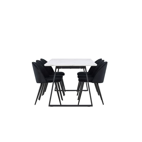 Malaga spisegrupper spisebord  90x200cm hvit og 6 Skagen stol velour svart.