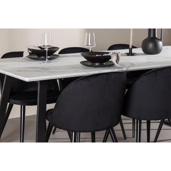 Malaga spisegrupper spisebord  90x200cm hvit og 6 Skagen stol velour svart.