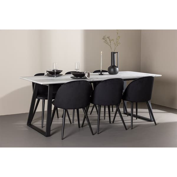 Malaga spisegrupper spisebord  90x200cm hvit og 6 Skagen stol velour svart.