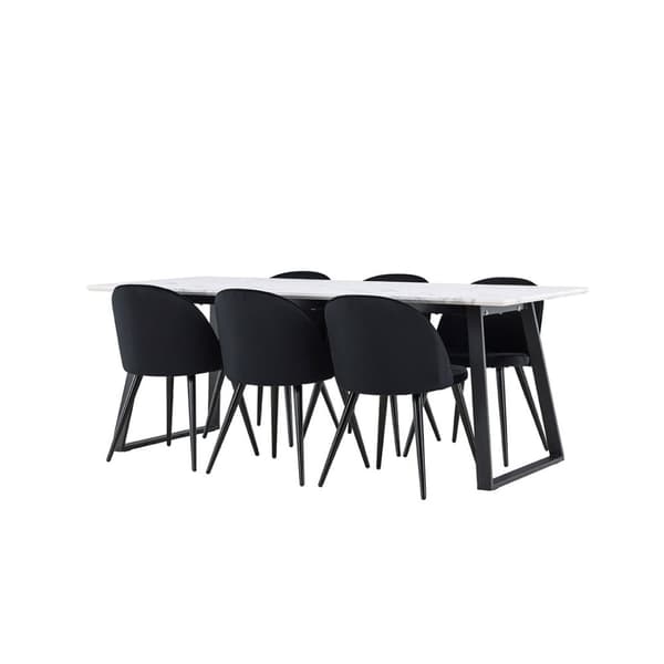Malaga spisegrupper spisebord  90x200cm hvit og 6 Skagen stol velour svart.