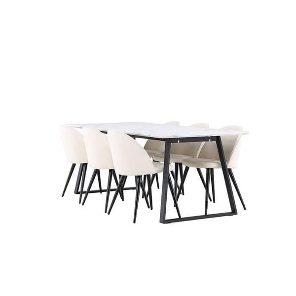 Malaga spisegrupper spisebord  90x200cm hvit og 6 Skagen stol fløyel beige.