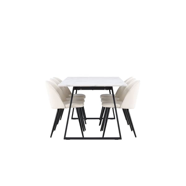 Malaga spisegrupper spisebord  90x200cm hvit og 6 Skagen stol fløyel beige.