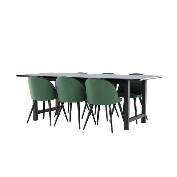 Oslo spisegrupper spisebord  100x220cm svart og 6 Skagen stol velour grønn.