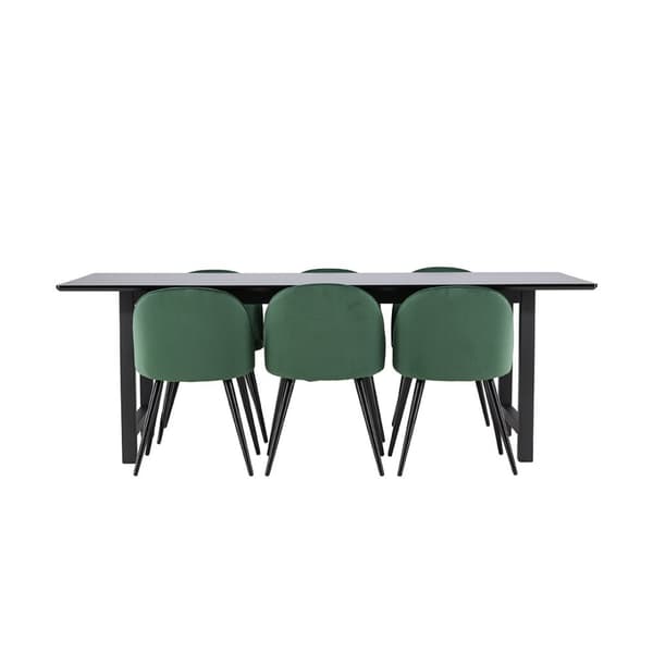 Oslo spisegrupper spisebord  100x220cm svart og 6 Skagen stol velour grønn.