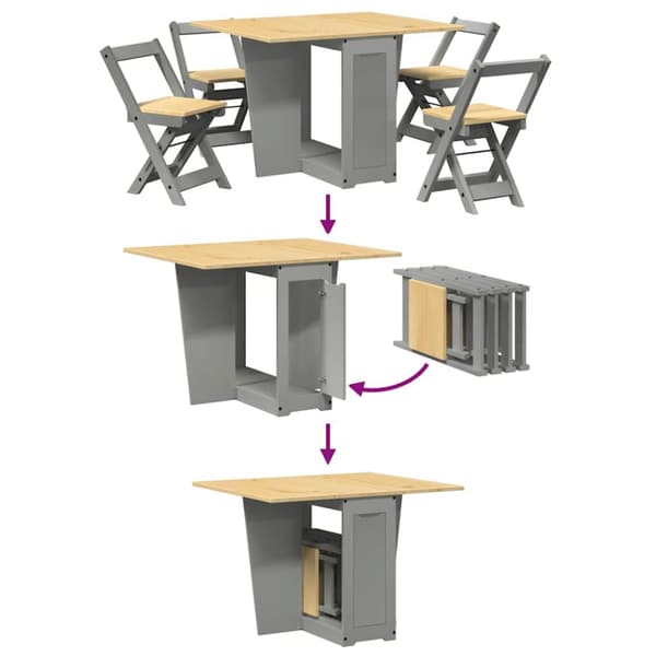 vidaXL spisebordssæt 5 dele Corona foldbart fyrretræ grå
