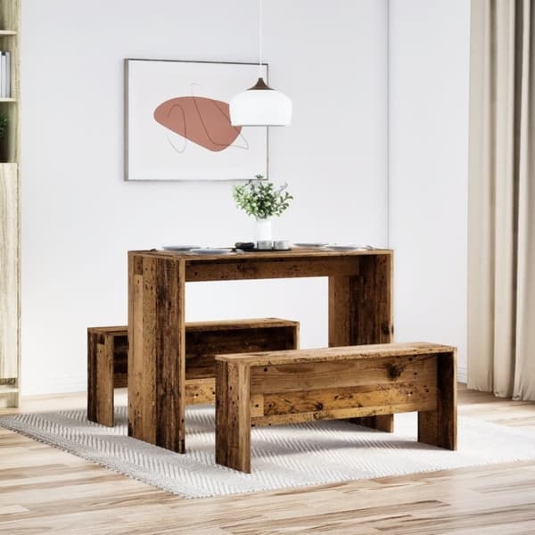 vidaXL spisebord og bænke 3 dele konstrueret træ gammelt træ-look