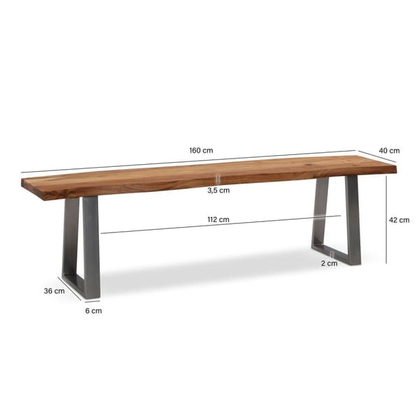 Rootz Modern ruokapöytä - Massiivipuupenkki - Puun reuna-istuin - Käsintehty - Puolisuunnikkaan muotoiset metallijalat - Akaasiapuu - 160cm x 40cm x 4