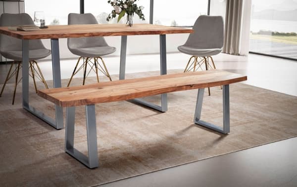 Rootz Modern ruokapöytä - Massiivipuupenkki - Puun reuna-istuin - Käsintehty - Puolisuunnikkaan muotoiset metallijalat - Akaasiapuu - 160cm x 40cm x 4
