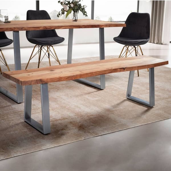 Rootz Modern ruokapöytä - Massiivipuupenkki - Puun reuna-istuin - Käsintehty - Puolisuunnikkaan muotoiset metallijalat - Akaasiapuu - 160cm x 40cm x 4