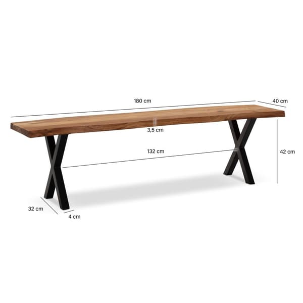 Rootz moderne design spisestuebænk - træbænk - naturligt trækorn - faste x-formede metalben - 180 cm x 40 cm x 45,5 cm