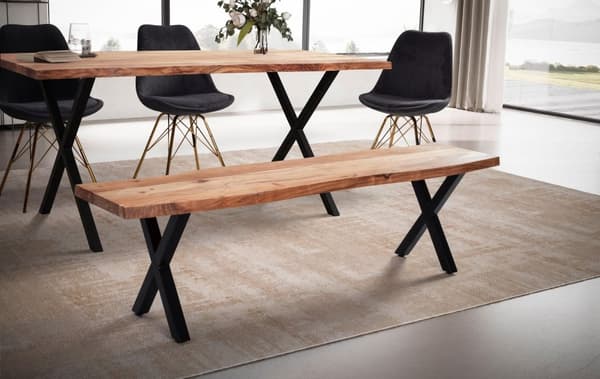 Rootz moderne design spisestuebænk - træbænk - naturligt trækorn - faste x-formede metalben - 180 cm x 40 cm x 45,5 cm