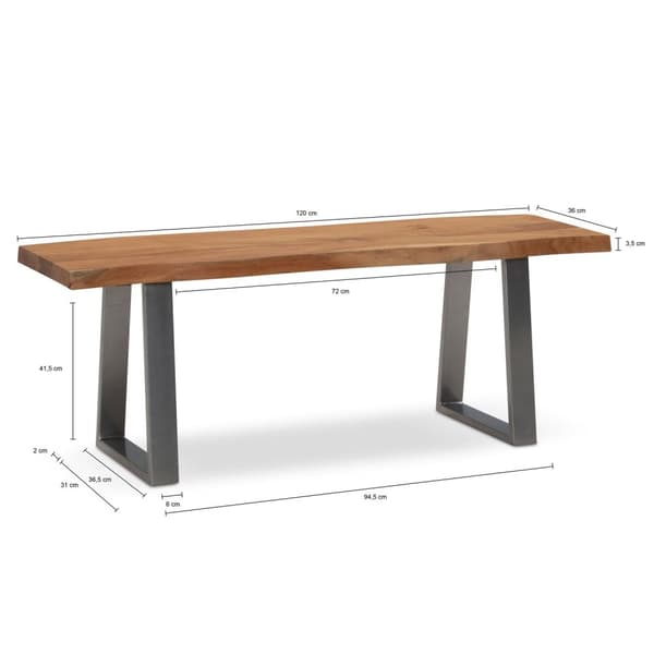 Rootz Modern Design Massiivipuupenkki - Eteisen penkki - Eteisen kalusteet - Puolisuunnikkaan muotoiset metallijalat - Akaasiapuu - 120cm x 40cm x 45,