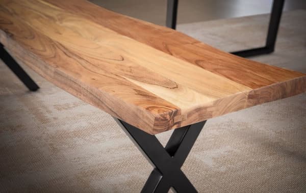 Rootz Moderni ruokasalin penkki - Massiivipuinen istuin - Puun reunamuotoilu - Metalli X -jalat - Käsintehty - 160cm x 40cm x 45,5cm - Kullanruskea