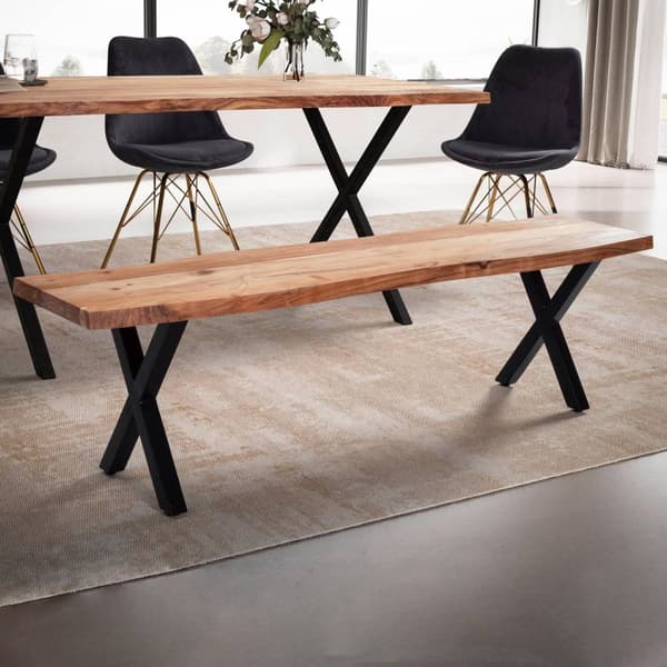 Rootz Moderni ruokasalin penkki - Massiivipuinen istuin - Puun reunamuotoilu - Metalli X -jalat - Käsintehty - 160cm x 40cm x 45,5cm - Kullanruskea