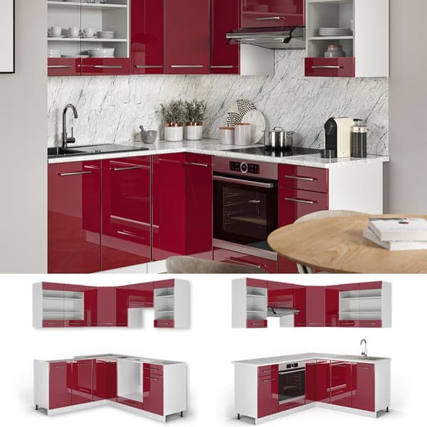 Fame-Line hörnkök, 160 x 60 cm utan bänkskiva, Bourgogne högblank/vit, Vicco