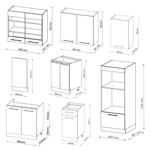 Fame-Line kök, 300 cm med högskåp, utan bänkskiva, blank vit/Antracit, Vicco