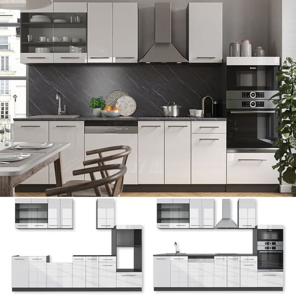 Fame-Line kök, 300 cm med högskåp, utan bänkskiva, blank vit/Antracit, Vicco