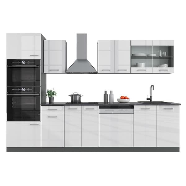 R-Line kök, 300 cm med högskåp, utan bänkskiva, blank vit/Antracit, Vicco