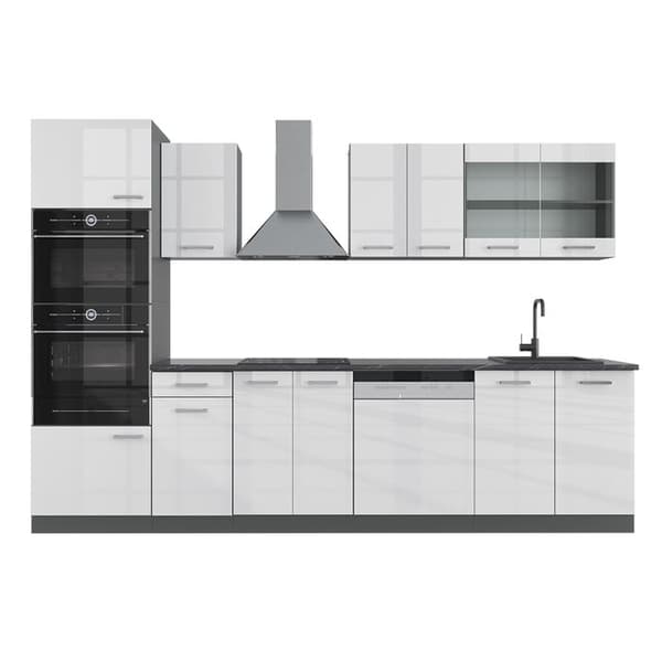 R-Line kök, 300 cm med högskåp, utan bänkskiva, blank vit/Antracit, Vicco
