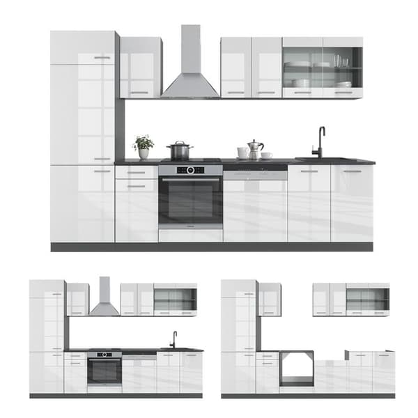 R-Line kök, 300 cm utan bänkskiva, Blank vit/Antracit, Vicco
