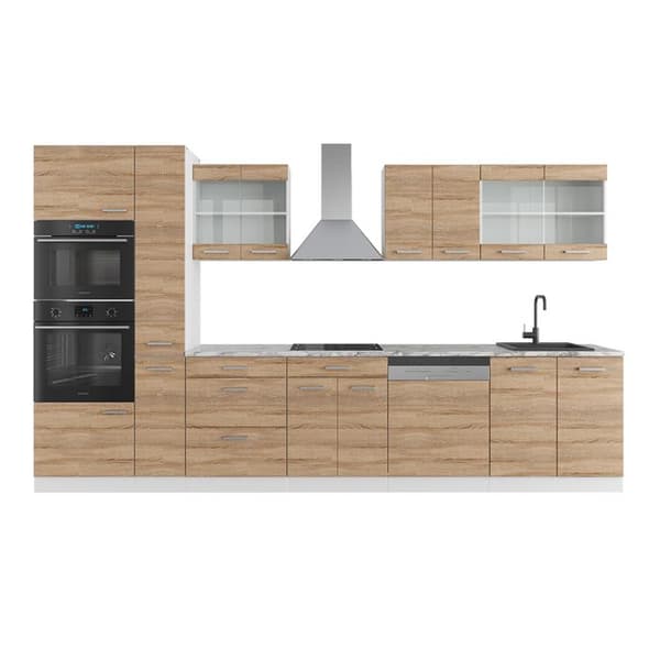 R-Line kök, 350 cm med högskåp, utan bänkskiva, Sonoma/vit, Vicco