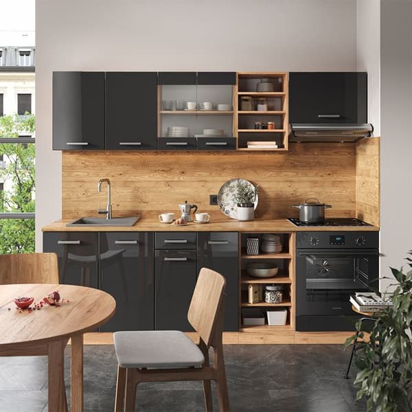 R-Line kök, 240 cm utan bänkskiva, Blank antracit/Gyllene ek, Vicco