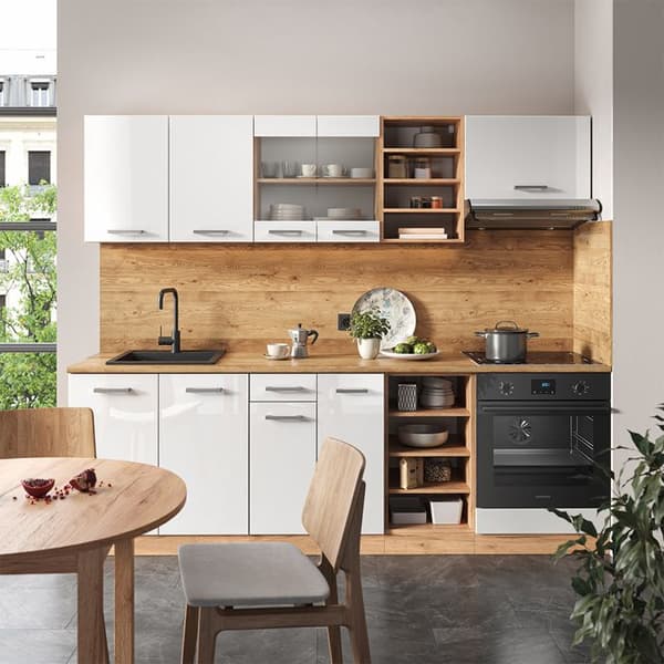 R-Line kök, 240 cm utan bänkskiva, blank vit/Gyllene ek, Vicco
