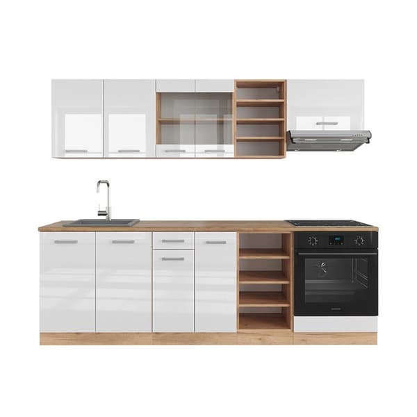 R-Line kök, 240 cm utan bänkskiva, blank vit/Gyllene ek, Vicco