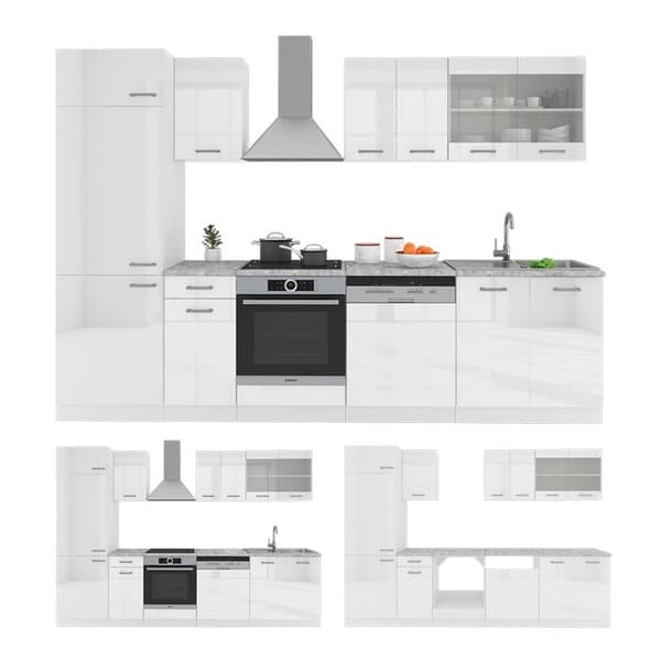 R-Line kök, 300 cm, PT Marmor, blank vit/vit, Vicco