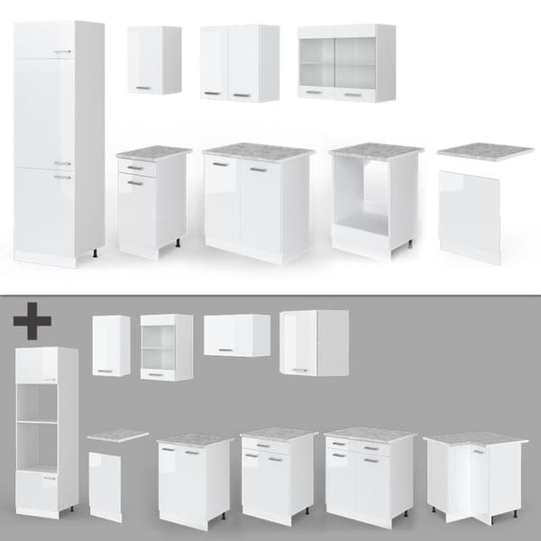 R-Line kök, 300 cm, PT Marmor, blank vit/vit, Vicco