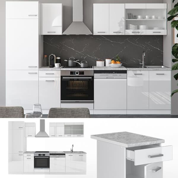 R-Line kök, 300 cm, PT Marmor, blank vit/vit, Vicco