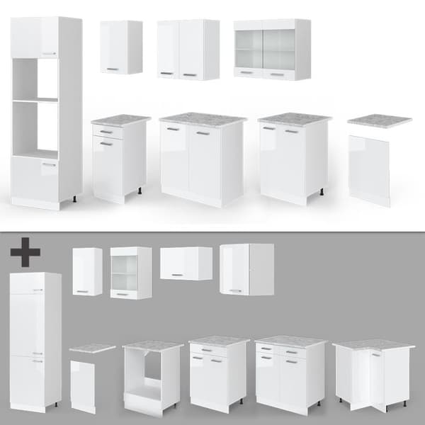 R-Line kök, 300 cm med högskåp, PT Marble, Vit, Vicco