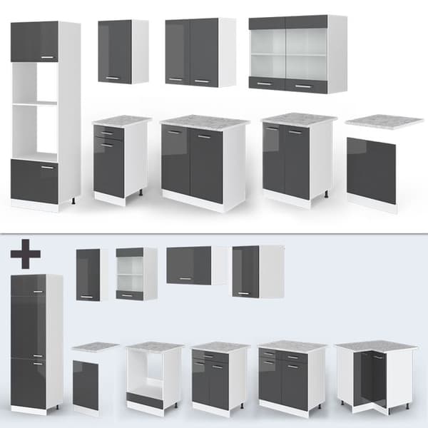 R-Line kök, 300 cm med högskåp, PT Marble, Blank antracit/vit, Vicco