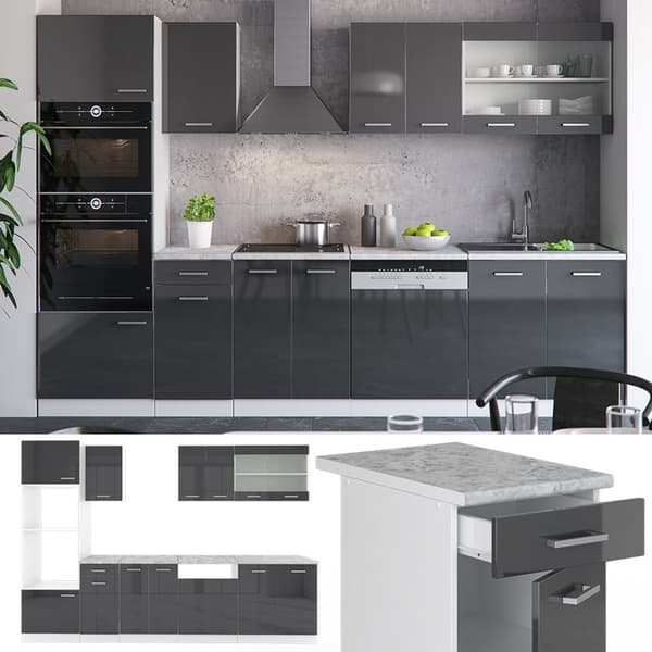 R-Line kök, 300 cm med högskåp, PT Marble, Blank antracit/vit, Vicco