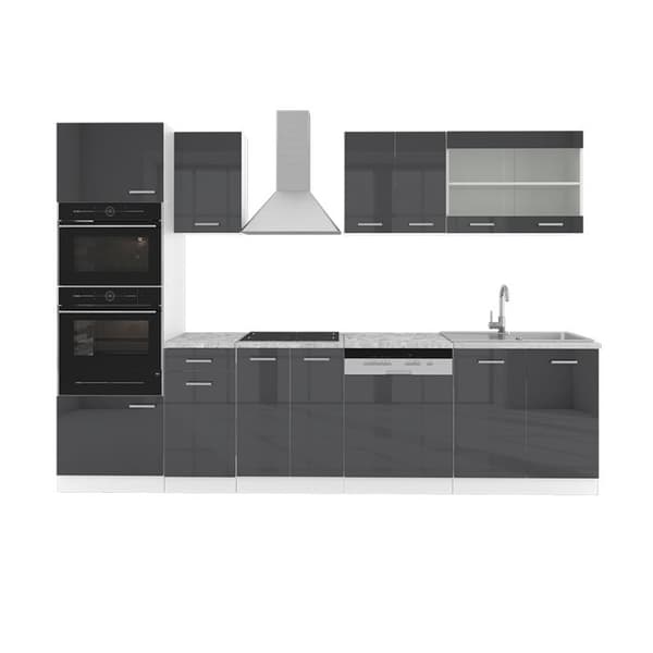 R-Line kök, 300 cm med högskåp, utan bänkskiva, Blank antracit/vit, Vicco