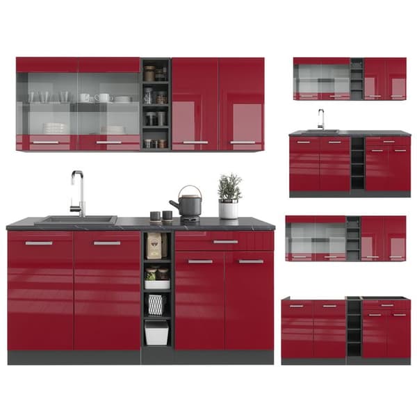 R-Line kök, 160 cm utan bänkskiva, Bordeaux högblank/antracit, Vicco