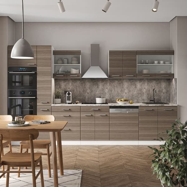 R-Line kökslinje, 350 cm med högskåp, PT Marble, ädelgrå/vit, Vicco