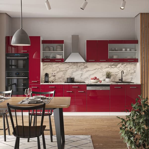 R-Line kök, 350 cm med högskåp, PT Marble, Bordeaux högglans/vit, Vicco