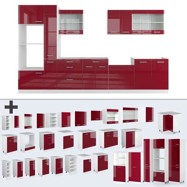 R-Line kök, 350 cm med högskåp, PT Marble, Bordeaux högglans/vit, Vicco