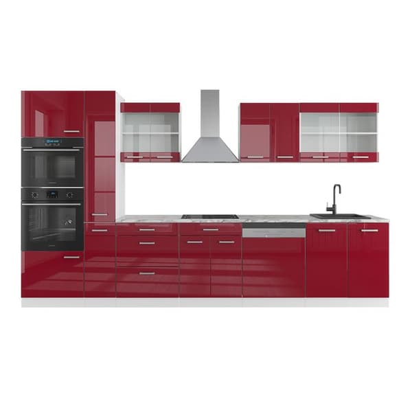 R-Line kök, 350 cm med högskåp, PT Marble, Bordeaux högglans/vit, Vicco