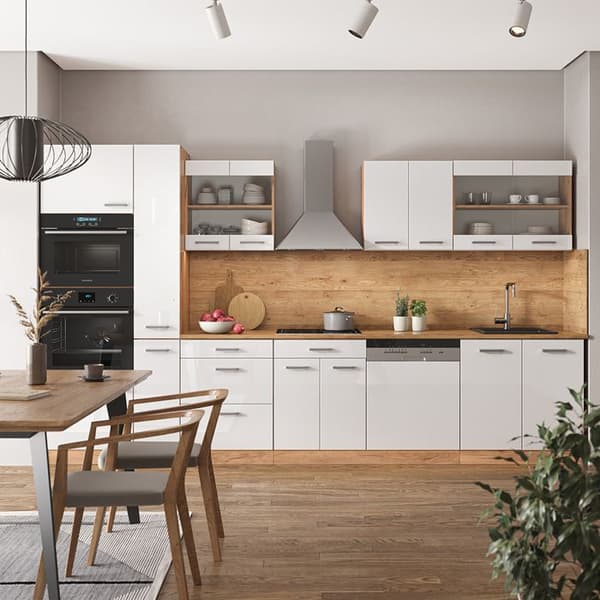 R-Line kök, 350 cm med högskåp, utan bänkskiva, Blank vit/Gyllene ek, Vicco