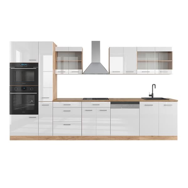 R-Line kök, 350 cm med högskåp, utan bänkskiva, Blank vit/Gyllene ek, Vicco