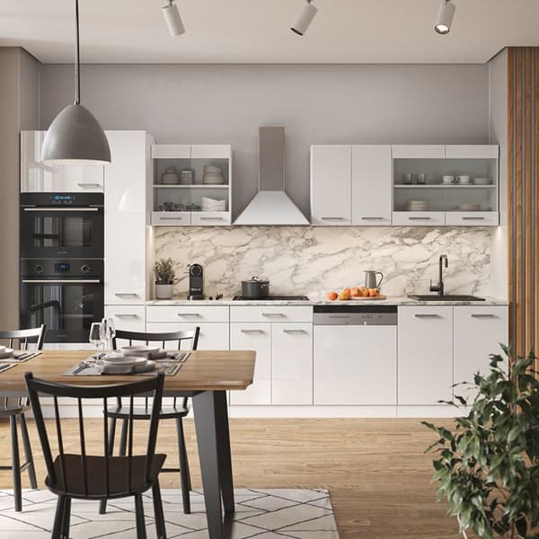 R-Line kök, 350 cm med högskåp, PT Marble, blank vit/vit, Vicco